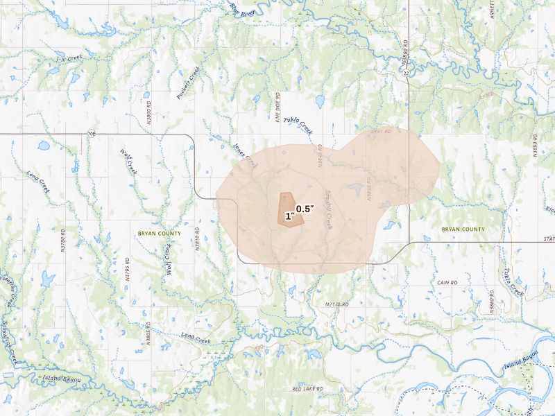 Radar-estimated hail-size map of the storm over Bokchito, OK