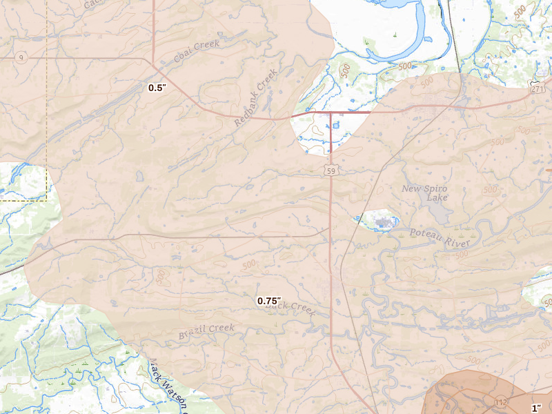 Radar-estimated hail-size map of the storm over Bokoshe, OK on Apr 25, 2026