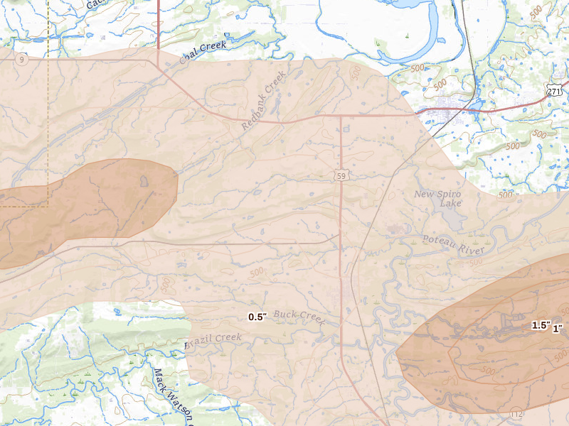 Radar-estimated hail-size map of the storm over Bokoshe, OK on Apr 28, 2026