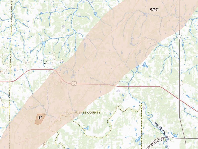 Radar-estimated hail-size map of the storm over Boley, OK on Mar 6, 2026