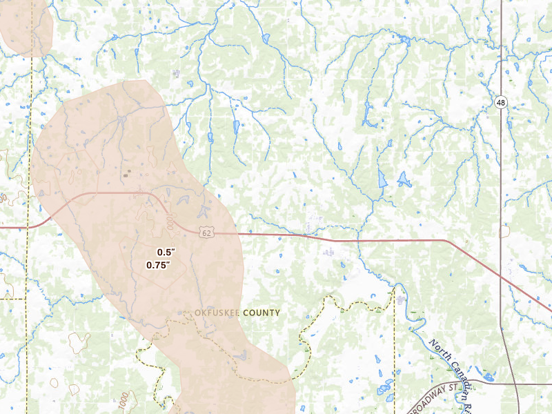 Radar-estimated hail-size map of the storm over Boley, OK on Jul 4, 2026