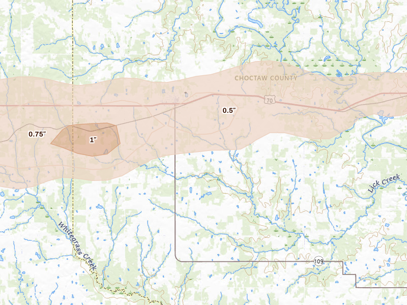 Radar-estimated hail-size map of the storm over Boswell, OK on Apr 17, 2026