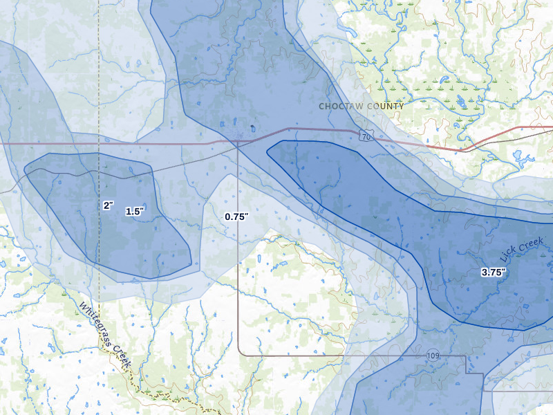 NEXRAD radar-signature map of the hail storm over Boswell, OK on Apr 24, 2026