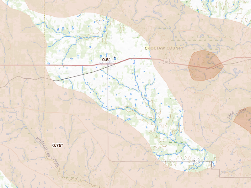 Radar-estimated hail-size map of the storm over Boswell, OK on Apr 25, 2026