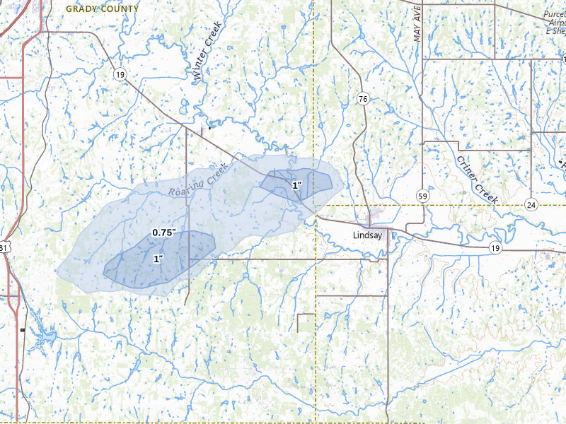 NEXRAD radar-signature map of the hail over Bradley, OK