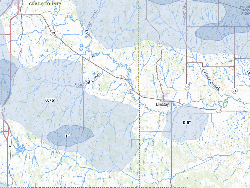 NEXRAD radar-signature map of the hail over Bradley, OK
