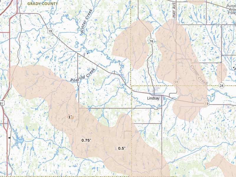 Radar-estimated hail-size map of the storm over Bradley, OK on Jul 4, 2026