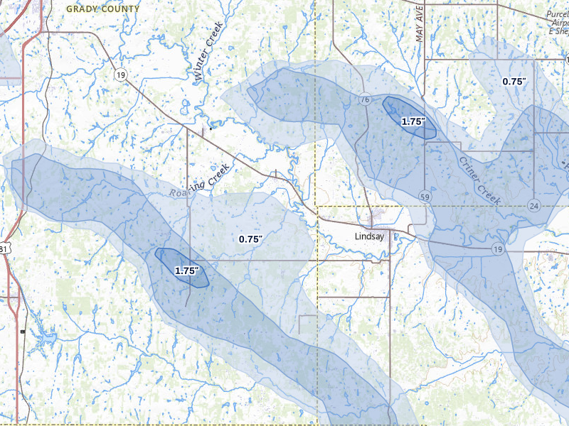 NEXRAD radar-signature map of the hail over Bradley, OK
