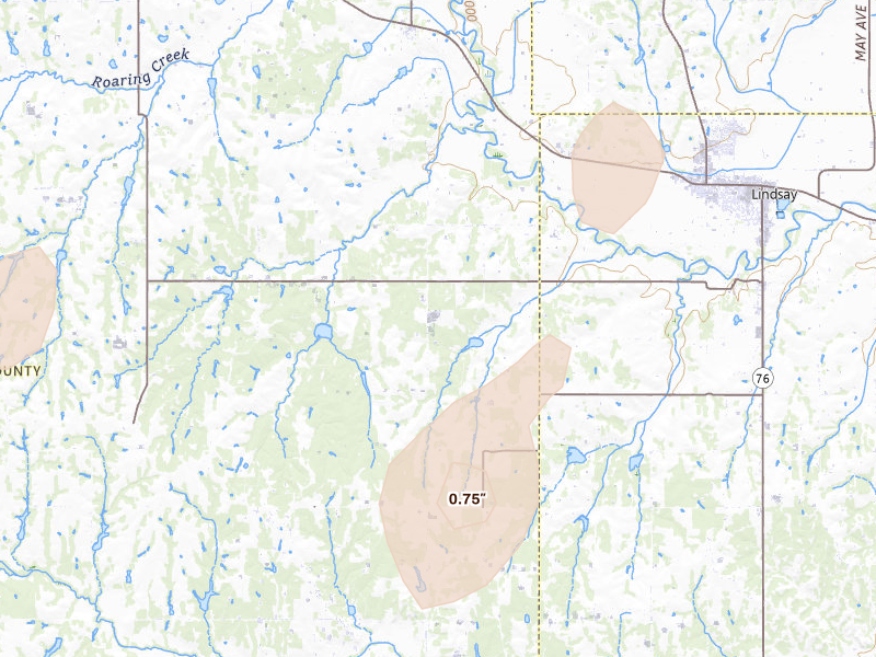 Radar-estimated hail-size map of the storm over Bradley, OK on Aug 7, 2026