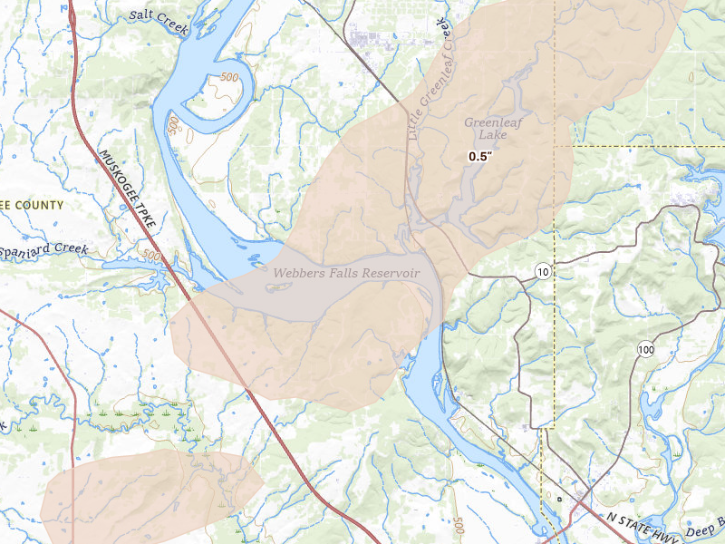 Radar-estimated hail-size map of the storm over Braggs, OK on Mar 4, 2026