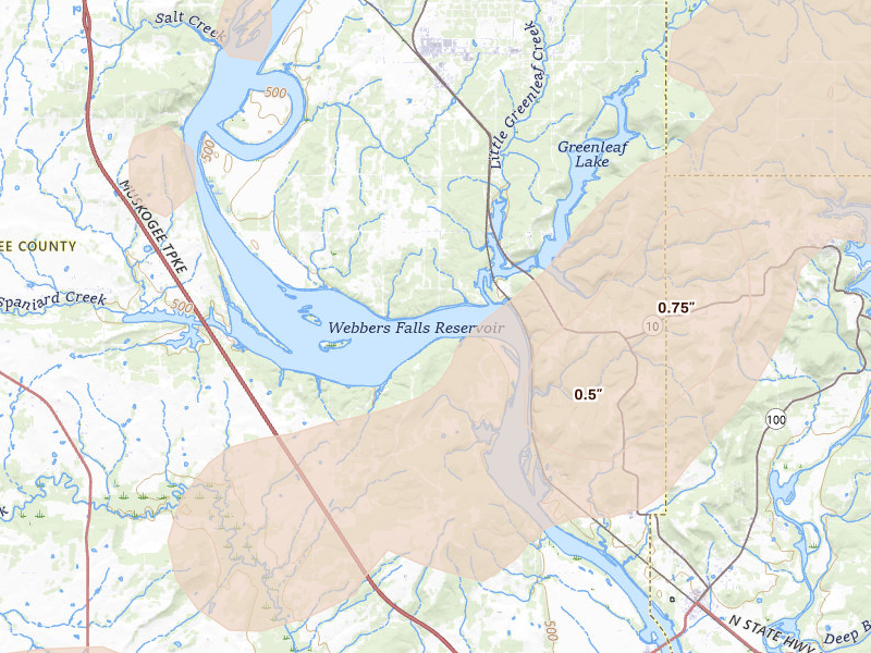 Radar-estimated hail-size map of the storm over Braggs, OK on Mar 6, 2026