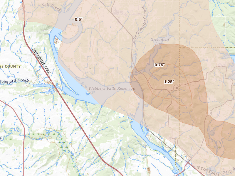 Radar-estimated hail-size map of the storm over Braggs, OK on Jun 11, 2026
