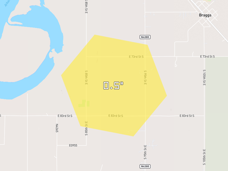 Hail map of Braggs, OK on Jul 2, 2026, hail up to 0.5"