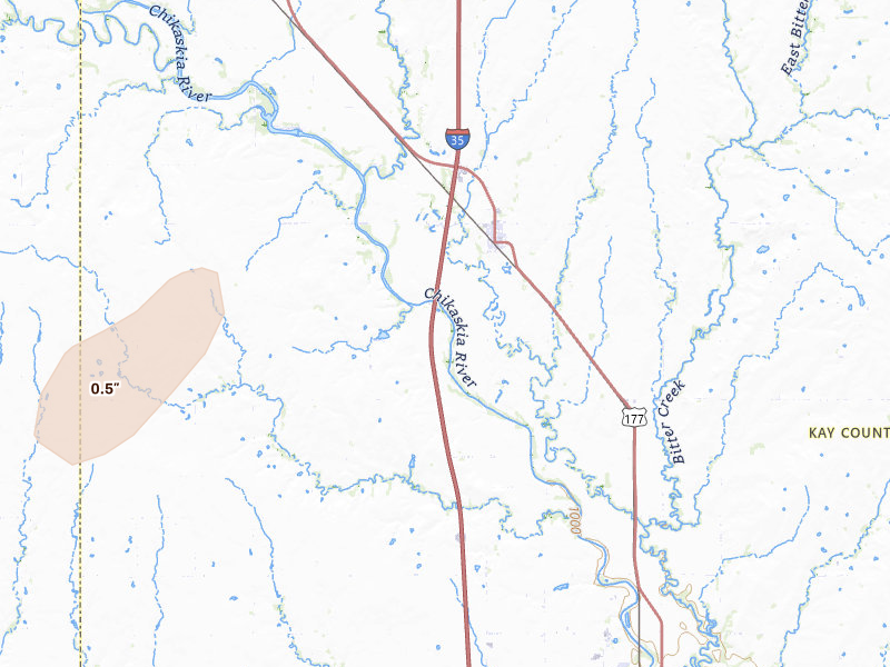 Radar-estimated hail-size map of the storm over Braman, OK on Apr 3, 2026