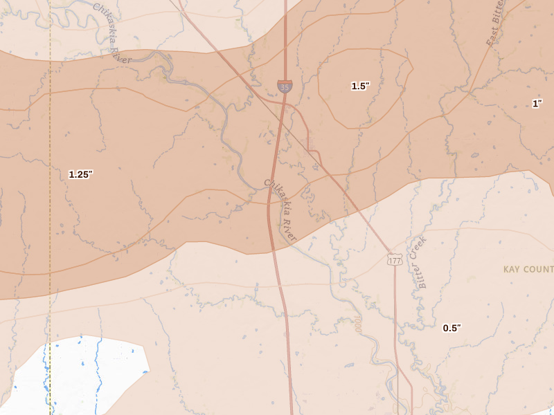 Radar-estimated hail-size map of the storm over Braman, OK on Apr 23, 2026