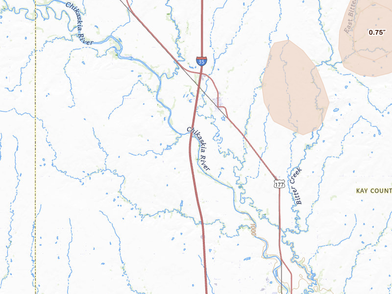 Radar-estimated hail-size map of the storm over Braman, OK on Apr 26, 2026