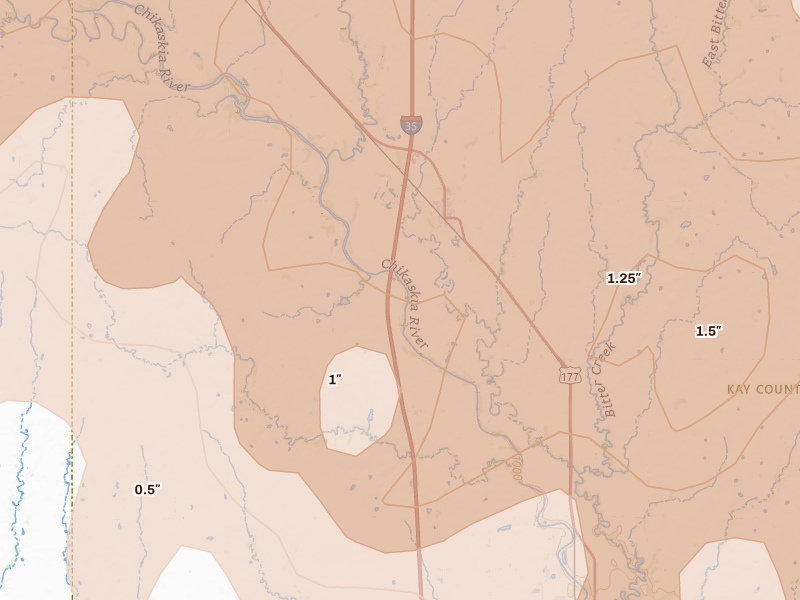 Radar-estimated hail-size map of the storm over Braman, OK on May 18, 2026