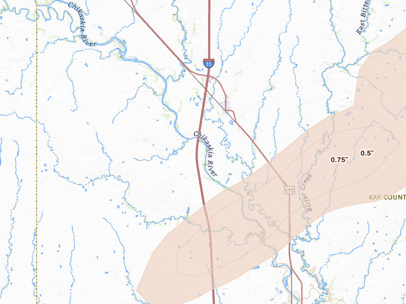 Radar-estimated hail-size map of the storm over Braman, OK on Jun 26, 2026