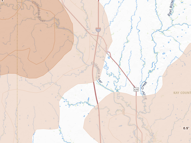 Radar-estimated hail-size map of the storm over Braman, OK on Jul 4, 2026