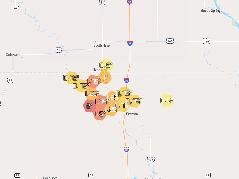 Hail map of Braman, OK on Jul 4, 2026, hail up to 2"
