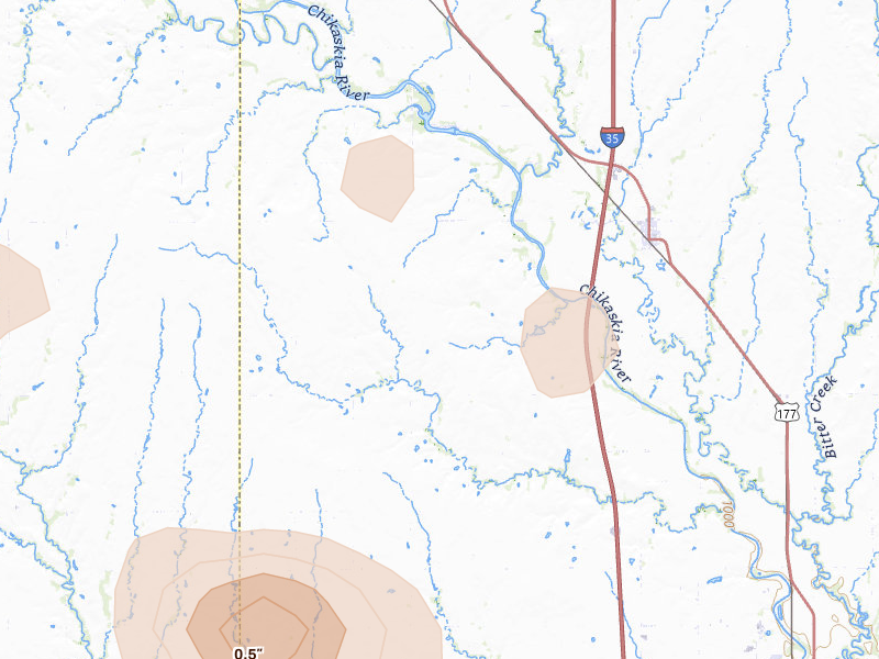 Radar-estimated hail-size map of the storm over Braman, OK on Aug 7, 2026