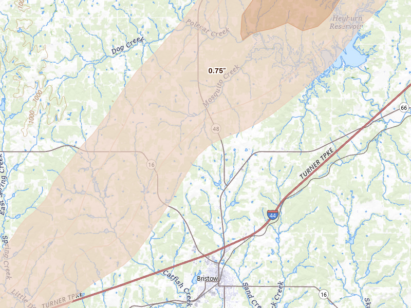 Radar-estimated hail-size map of the storm over Bristow, OK on Mar 6, 2026