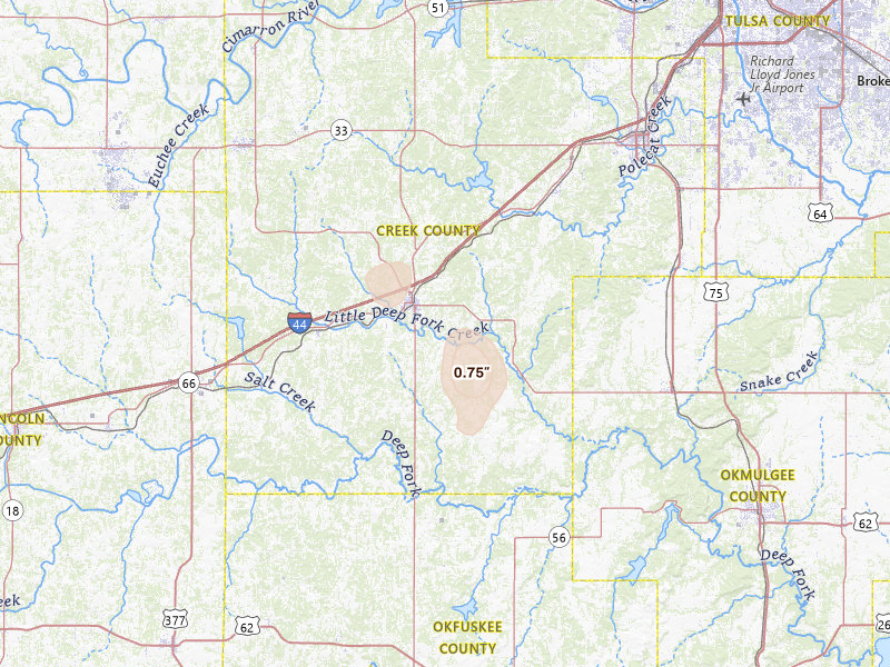 Radar-estimated hail-size map of the storm over Bristow, OK on Apr 10, 2026