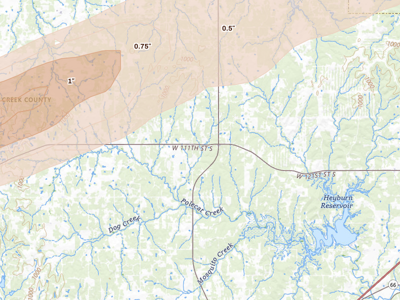 Radar-estimated hail-size map of the storm over Bristow, OK on Apr 28, 2026