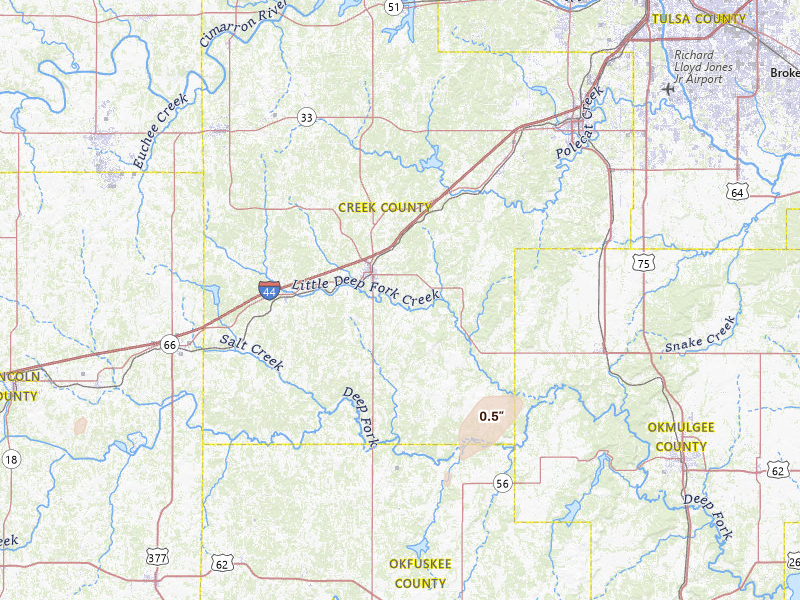 Radar-estimated hail-size map of the storm over Bristow, OK on Jun 12, 2026