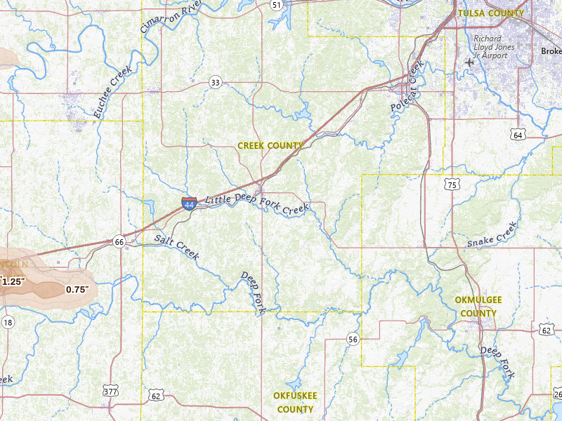 Radar-estimated hail-size map of the storm over Bristow, OK on Jun 26, 2026