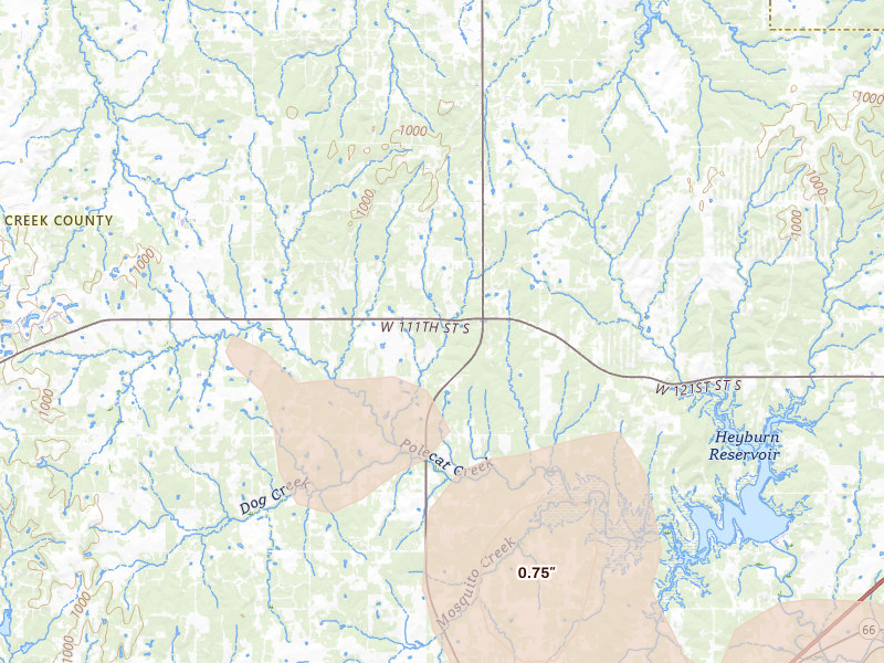 Radar-estimated hail-size map of the storm over Bristow, OK on Jul 4, 2026