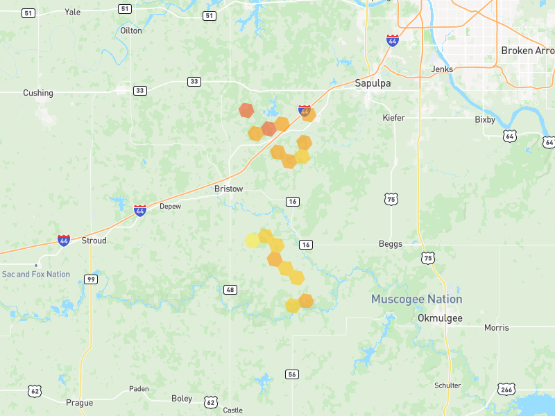 Hail map of Bristow, OK on Jul 5, 2026, hail up to 1.5"