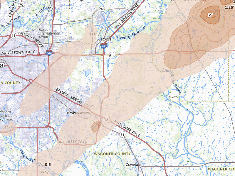 Radar-estimated hail-size map of the storm over Broken Arrow, OK on Mar 6, 2026