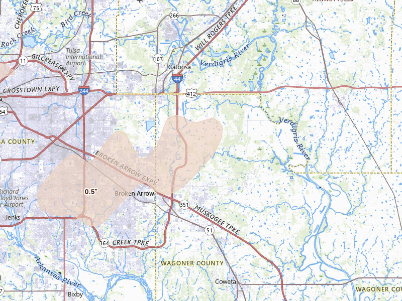 Radar-estimated hail-size map of the storm over Broken Arrow, OK on Apr 23, 2026