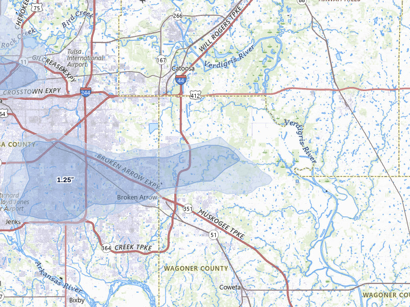 NEXRAD radar-signature map of the hail over Broken Arrow, OK