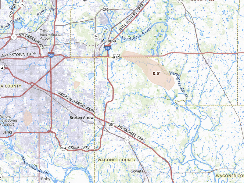 Radar-estimated hail-size map of the storm over Broken Arrow, OK on Jun 2, 2026