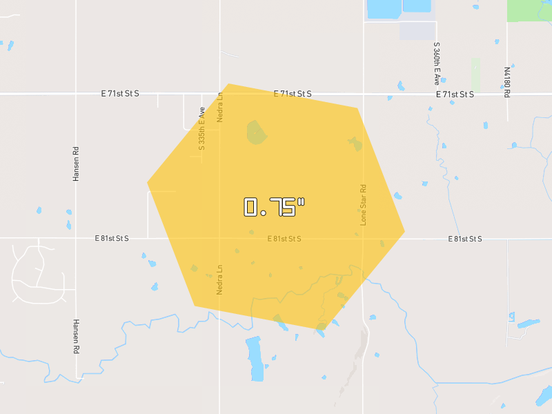Hail map of Broken Arrow, OK on Jun 3, 2026, hail up to 1"
