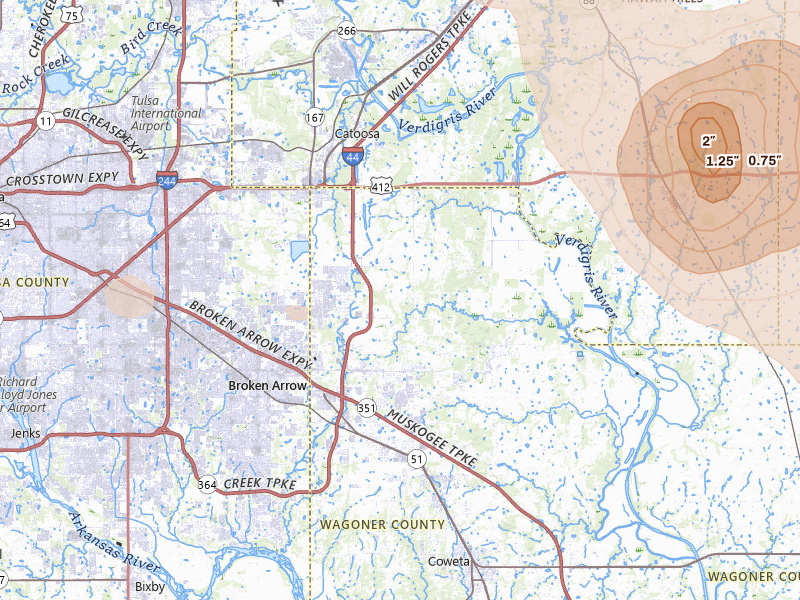 Radar-estimated hail-size map of the storm over Broken Arrow, OK on Jun 25, 2026