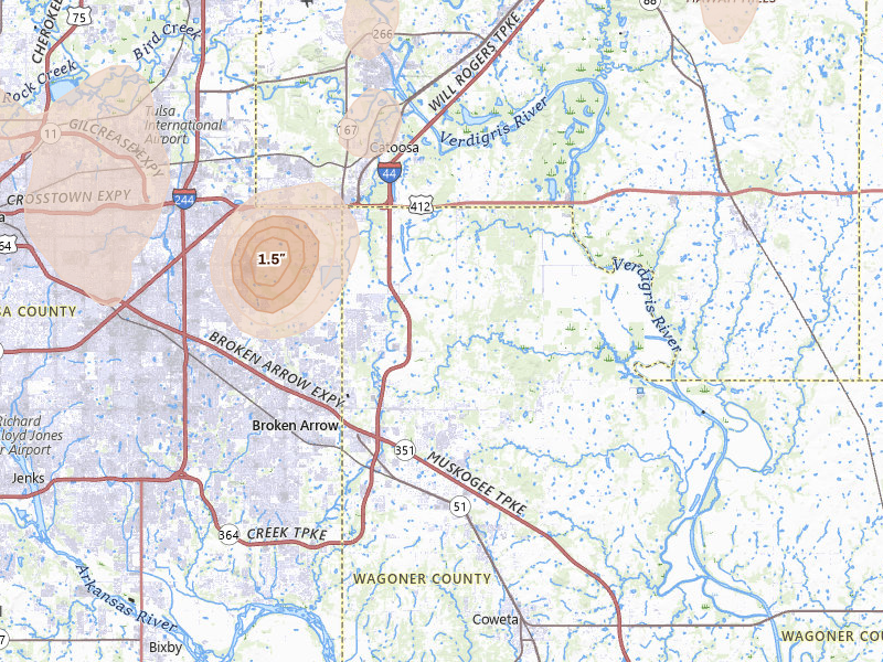 Radar-estimated hail-size map of the storm over Broken Arrow, OK on Jul 11, 2026