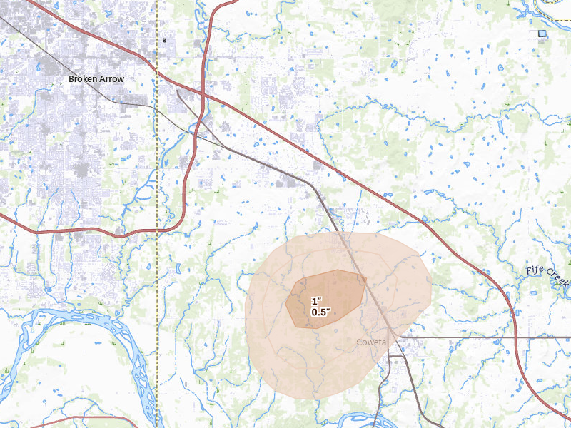 Radar-estimated hail-size map of the storm over Broken Arrow, OK on Aug 7, 2026