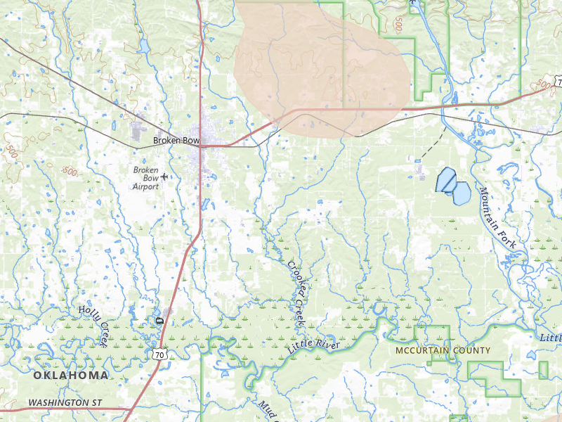 Radar-estimated hail-size map of the storm over Broken Bow, OK on Apr 24, 2026