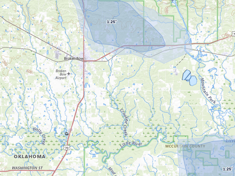 NEXRAD radar-signature map of the hail over Broken Bow, OK