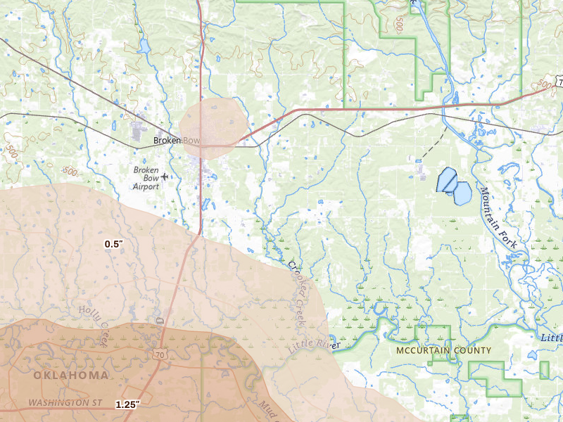 Radar-estimated hail-size map of the storm over Broken Bow, OK on Apr 28, 2026