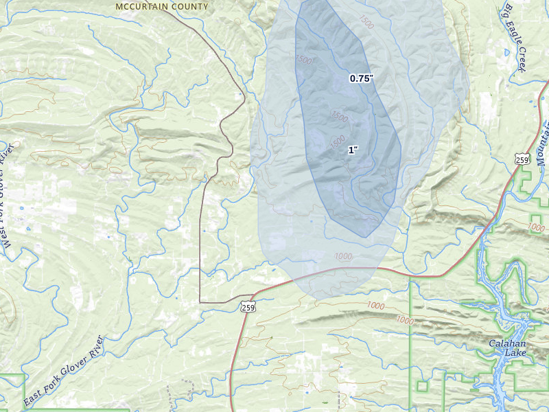 NEXRAD radar-signature map of the hail over Broken Bow, OK