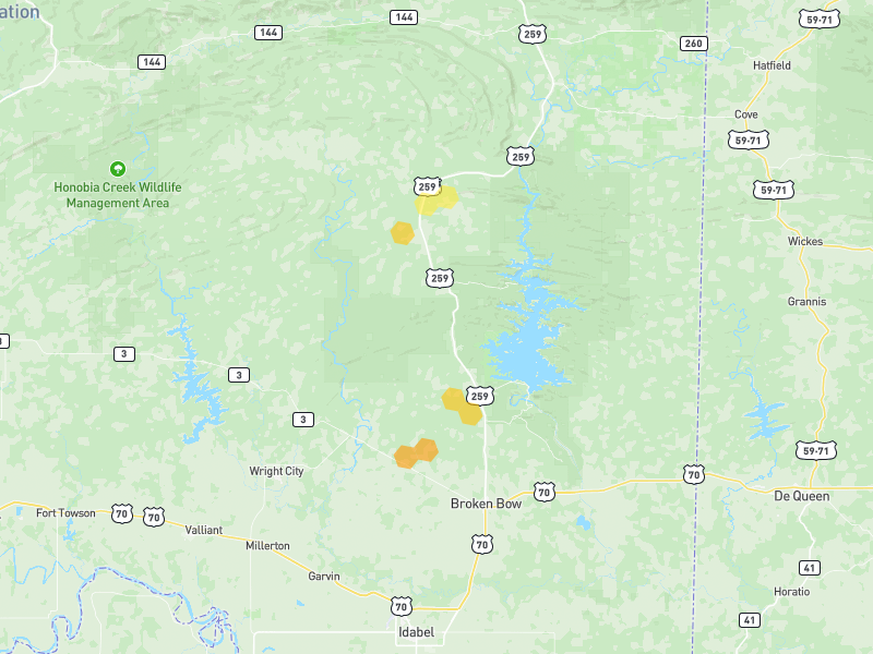 Hail map of Broken Bow, OK on Jun 7, 2026, hail up to 1"