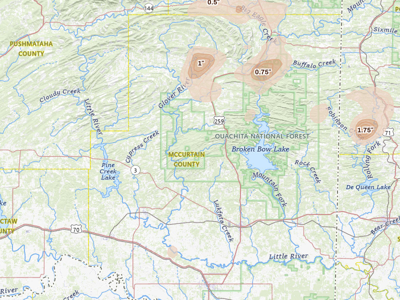 Radar-estimated hail-size map of the storm over Broken Bow, OK on Aug 7, 2026