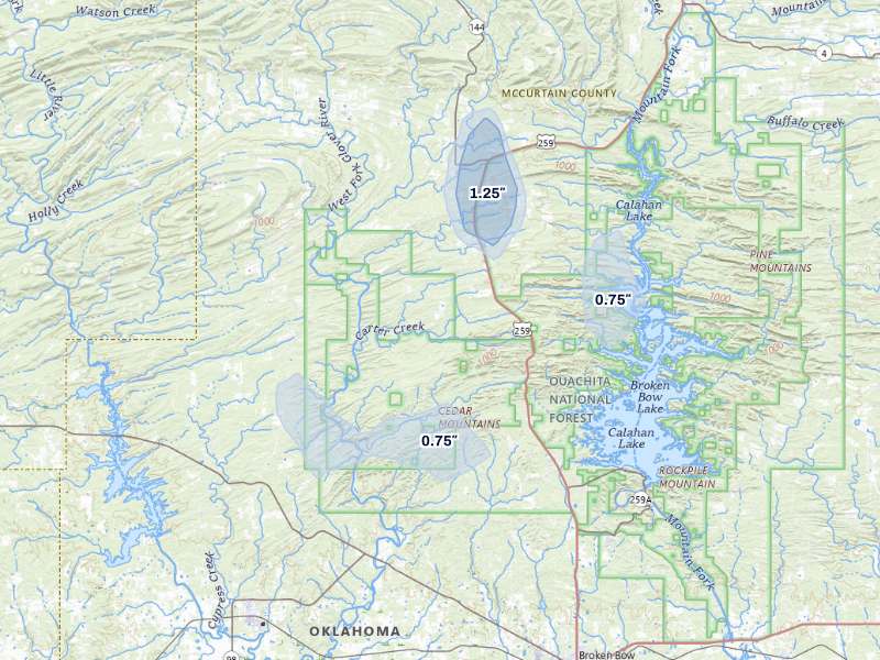 NEXRAD radar-signature map of the hail storm over Broken Bow, OK on Aug 7, 2026