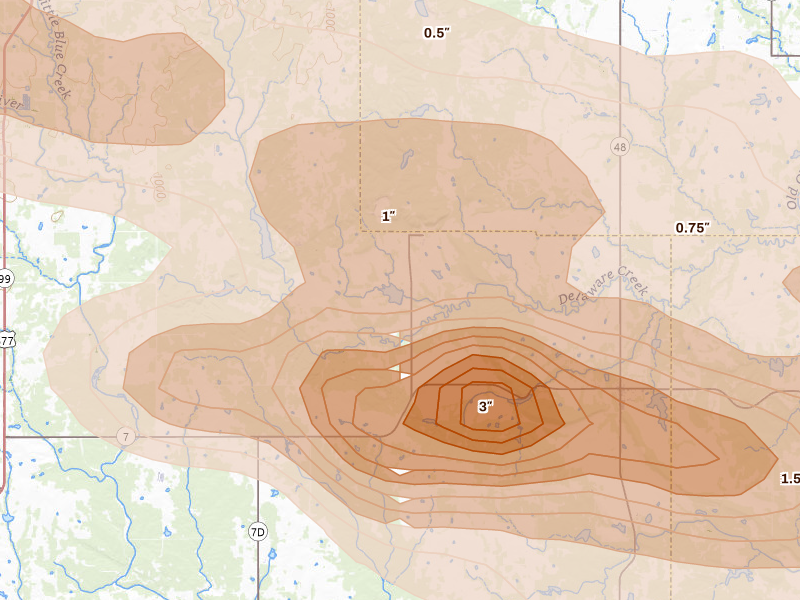 Radar-estimated hail-size map of the storm over Bromide, OK on Apr 24, 2026