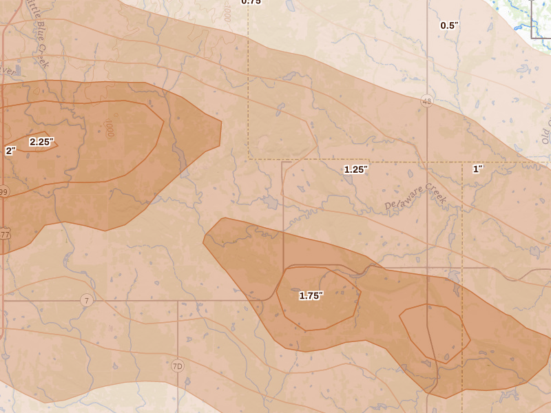 Radar-estimated hail-size map of the storm over Bromide, OK on Apr 28, 2026