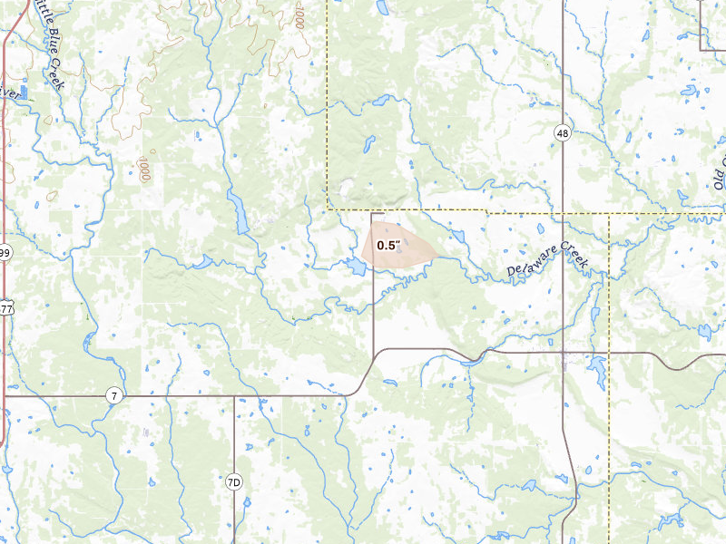 Radar-estimated hail-size map of the storm over Bromide, OK on Jul 4, 2026
